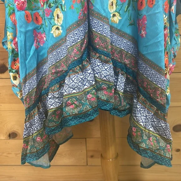 NWT Umgee boho turquoise silky floral kimono swim cover wrap poncho ruana XL 1X - Picture 4 of 16
